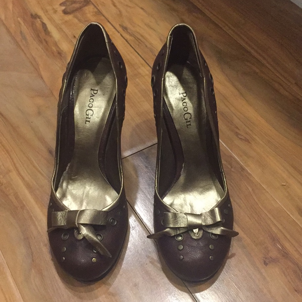 Paco Gil Brown & Gold Bow Heels Shoes Size 36